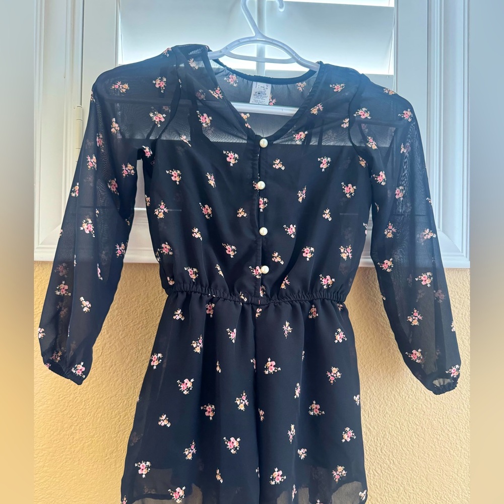 Tru Luv Black Floral Sheer Romper Dress – Girls Size 7